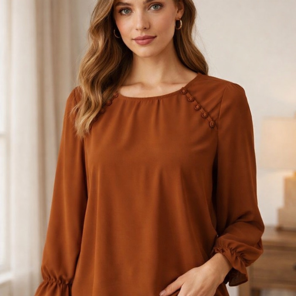 Women's Brown Blouse with Button Accents Large